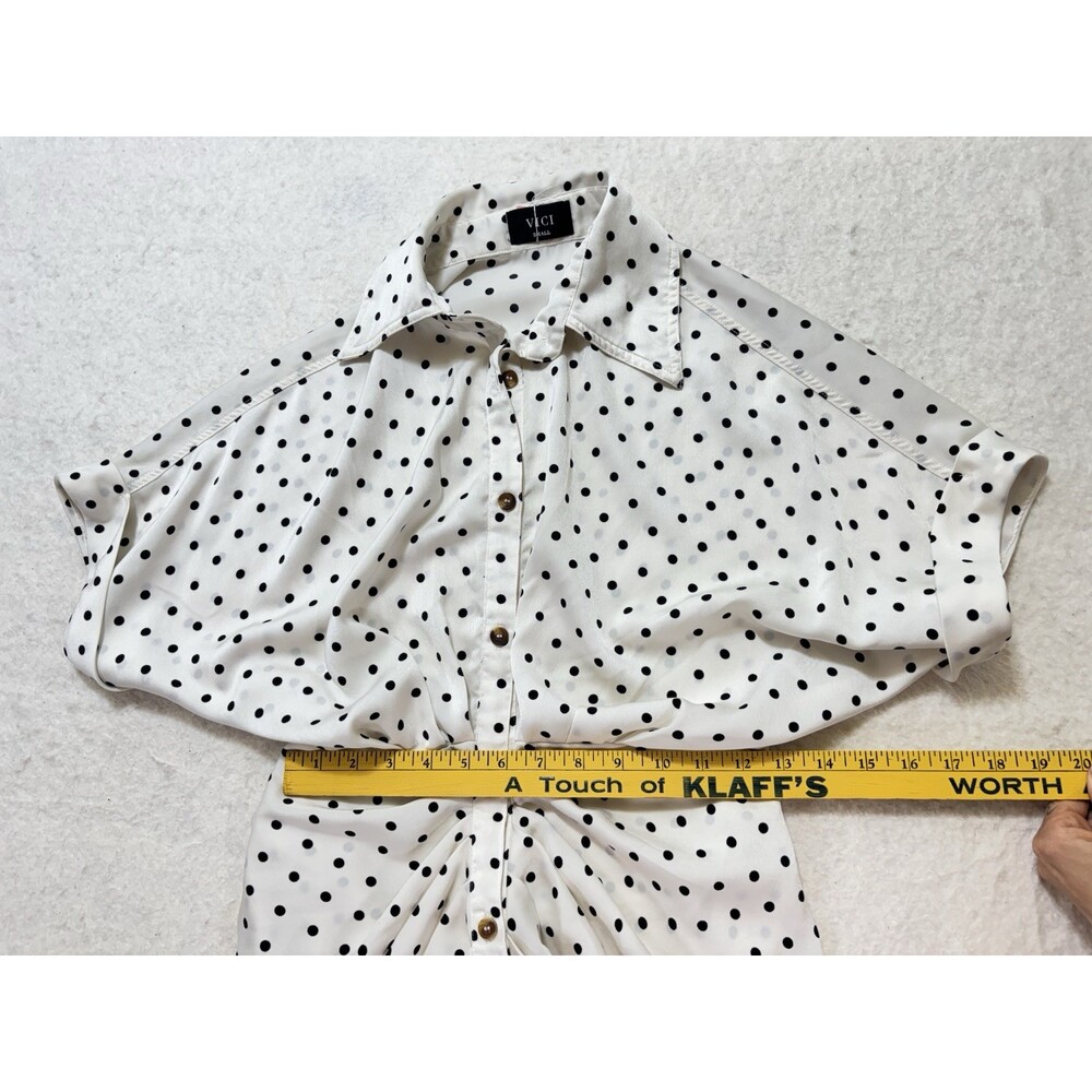 VICI Midi Shirt Dress Black White Polka-dot Print Gathered Front Draping Size S - Picture 5 of 8